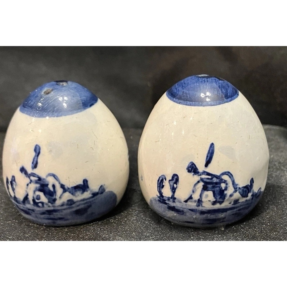 Vintage Delft Blue Mini Egg Dutch Windmill Hand Painted Salt & Pepper Shakers